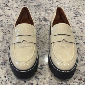 Franco Sarto Cream Patent Loafers with Black Sole